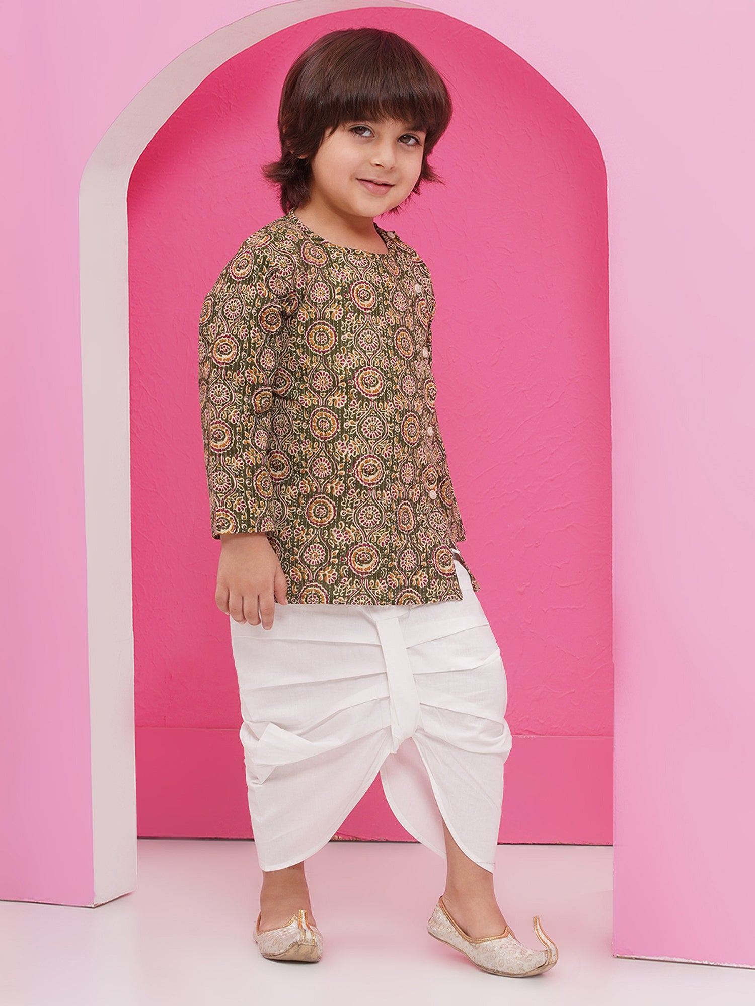 Holi Green Pure Cotton Full Sleeves Abstract Print Dhoti Set For Boys