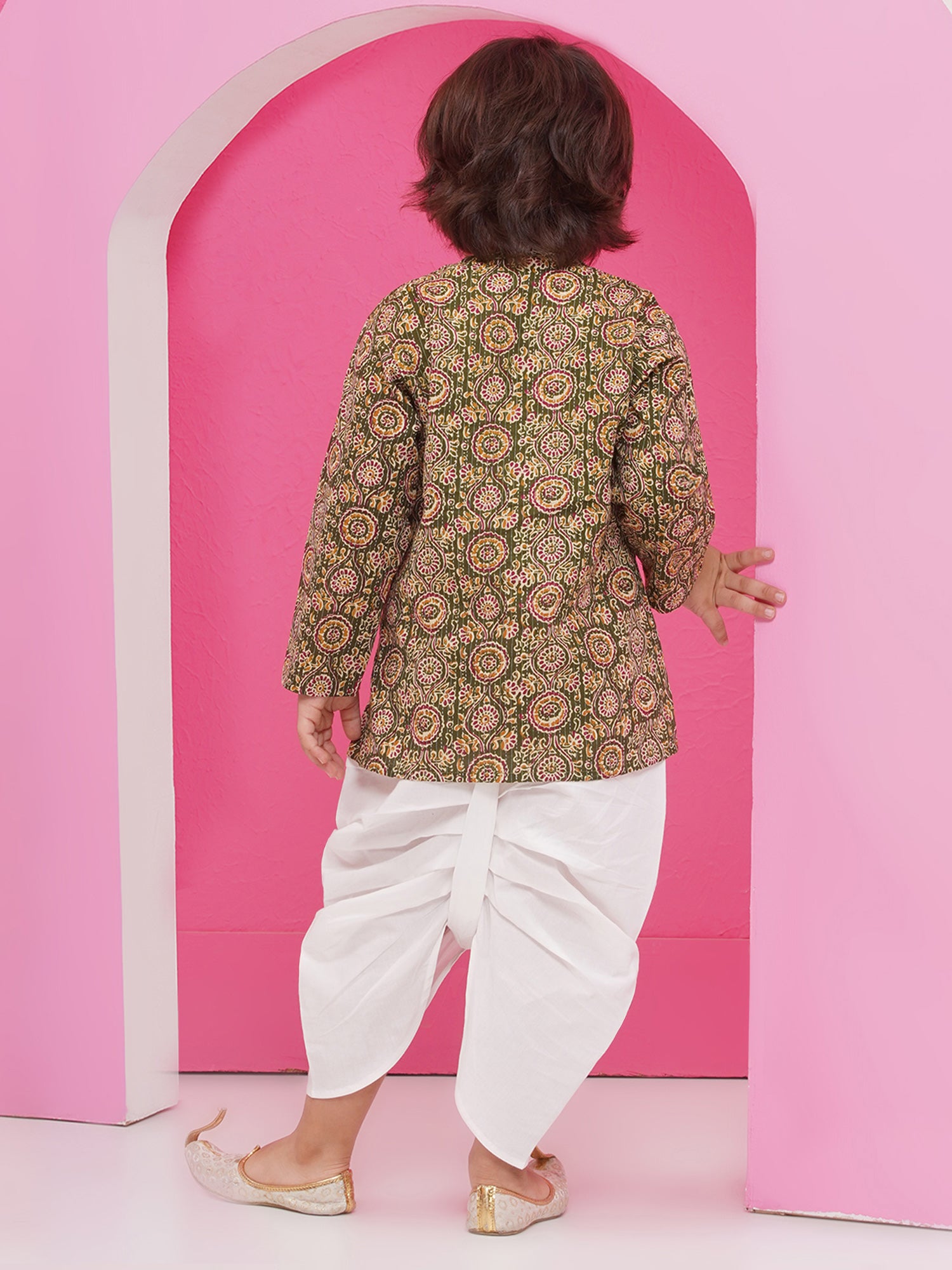 Holi Green Pure Cotton Full Sleeves Abstract Print Dhoti Set For Boys