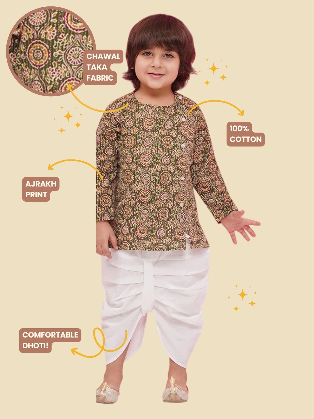 GREEN Pure Cotton Full sleeves Abstract Print Dhoti Set for Boys