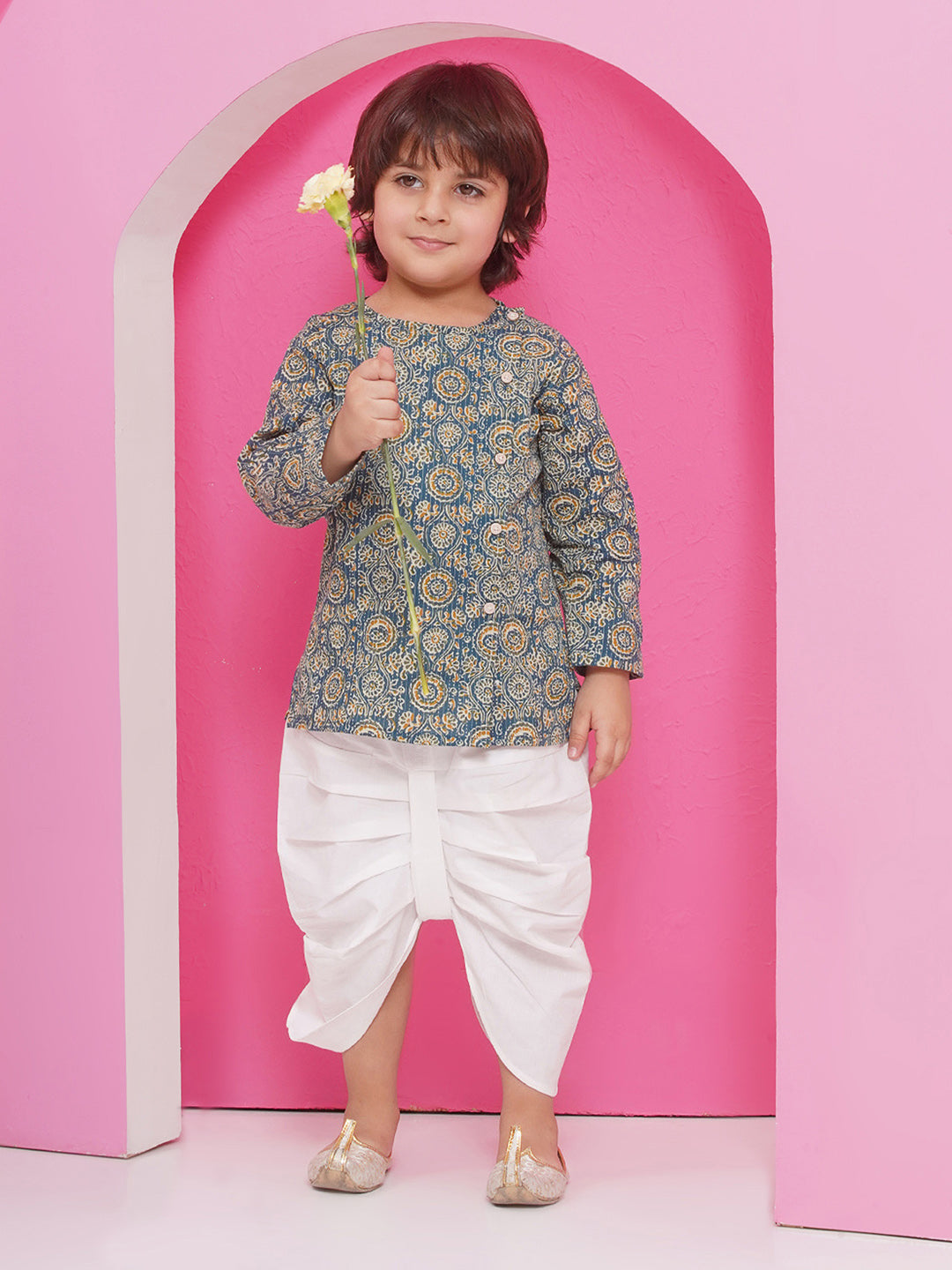 Holi Turquoise Pure Cotton Full sleeves Abstract Print Dhoti Set for Boys