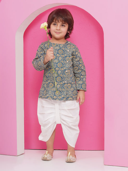 Aj Dezines Turquoise Pure Cotton Full Sleeves Abstract Print Dhoti Set For Boys