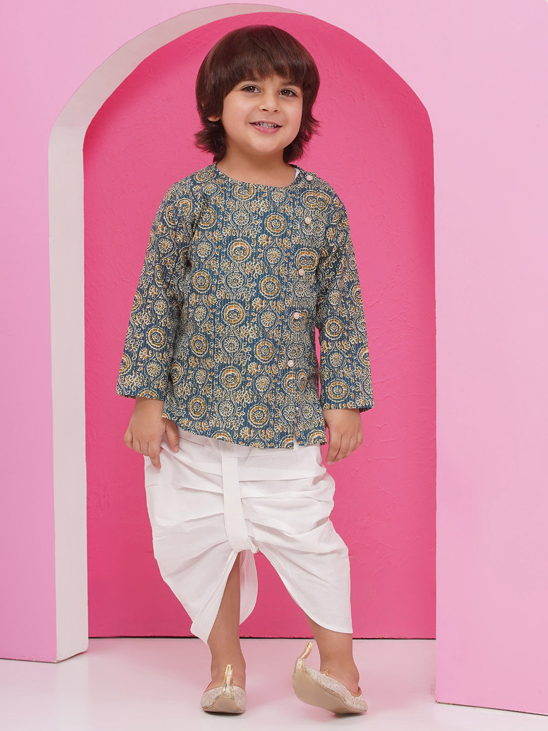 Holi Turquoise Pure Cotton Full sleeves Abstract Print Dhoti Set for Boys