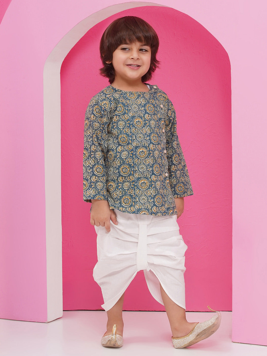 Turquoise Pure Cotton Full sleeves Abstract Print Dhoti Set for Boys