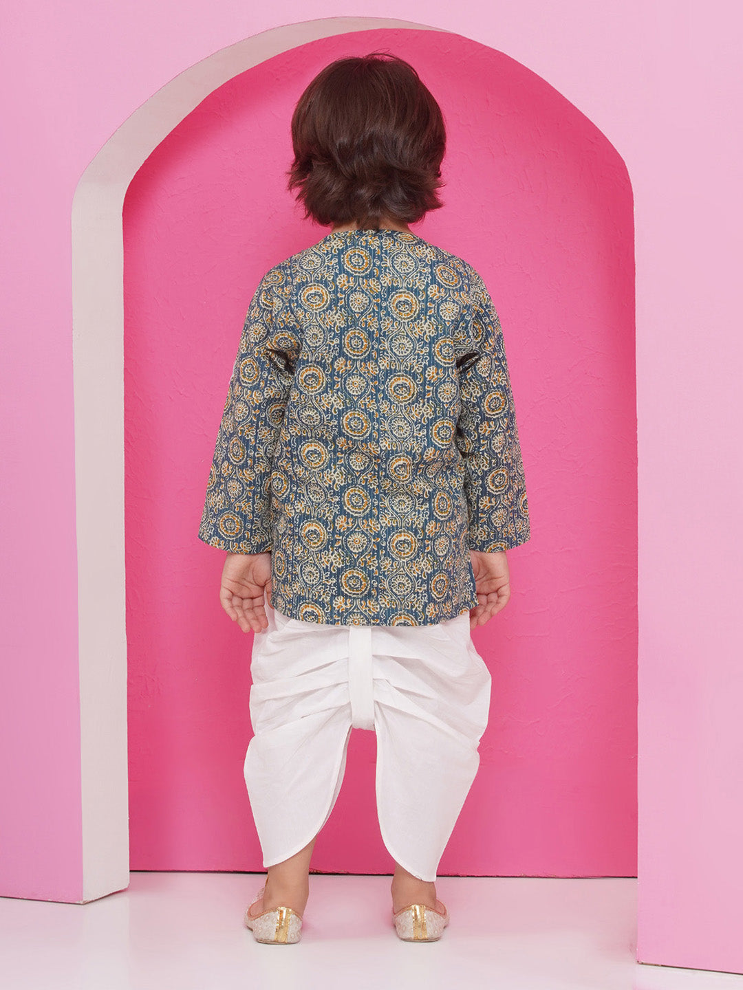 Holi Turquoise Pure Cotton Full sleeves Abstract Print Dhoti Set for Boys