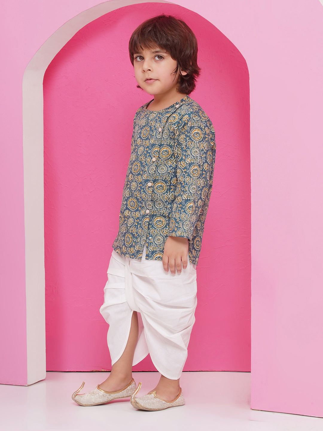 Turquoise Pure Cotton Full sleeves Abstract Print Dhoti Set for Boys