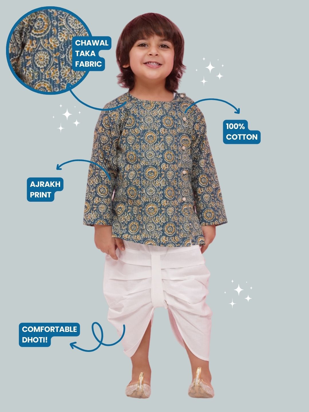 Holi Turquoise Pure Cotton Full sleeves Abstract Print Dhoti Set for Boys