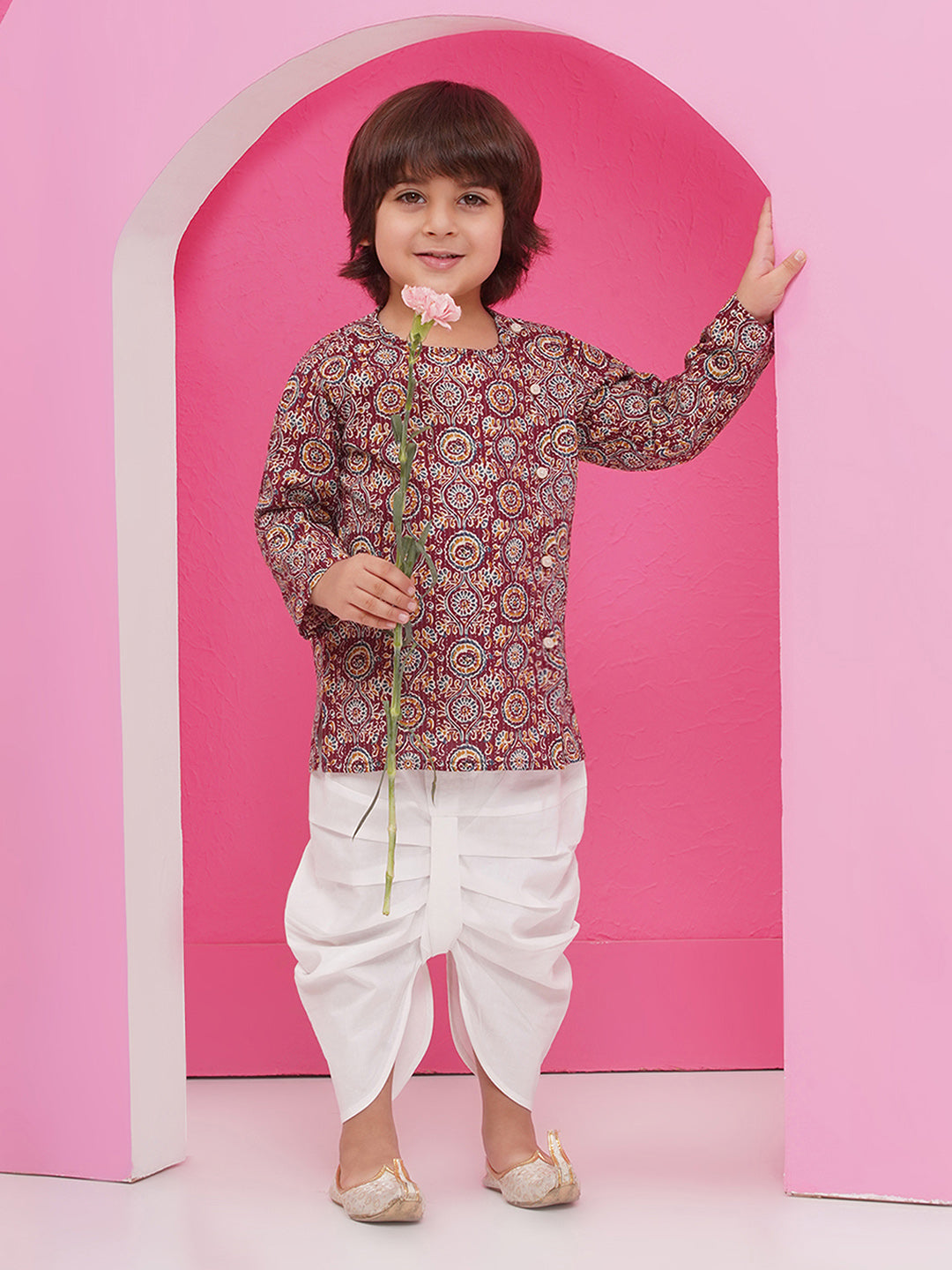 WINE Pure Cotton Full sleeves Abstract Print Dhoti Set for Boys