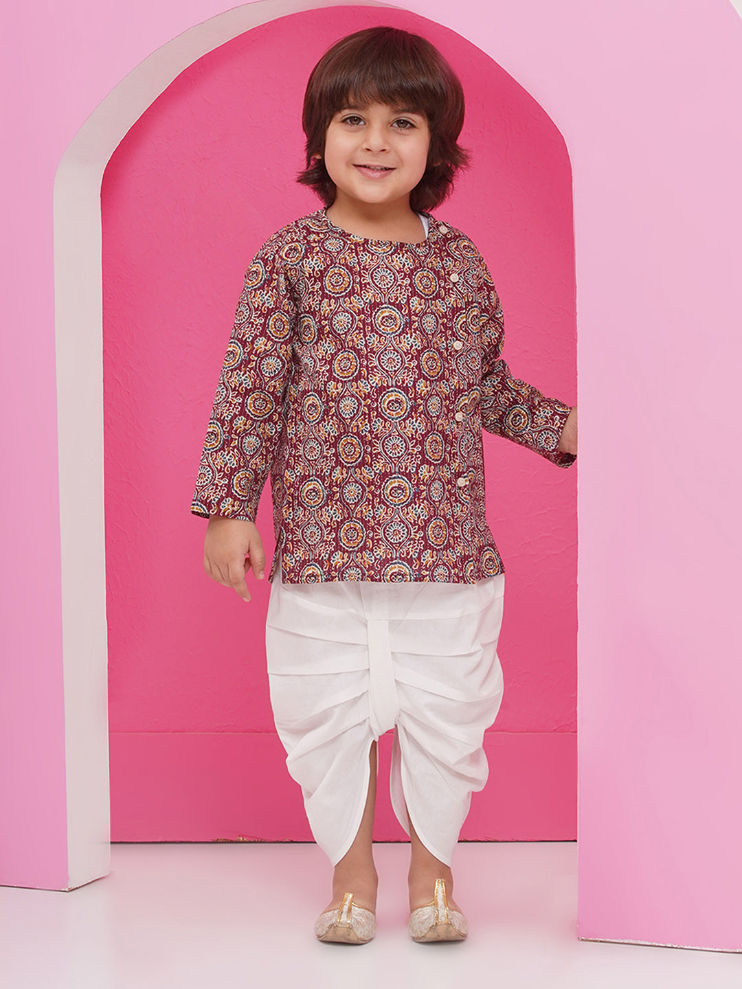 WINE Pure Cotton Full sleeves Abstract Print Dhoti Set for Boys