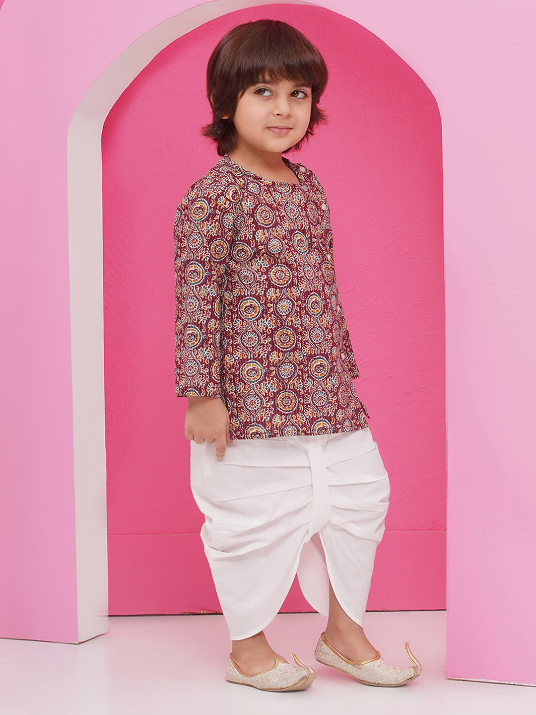 WINE Pure Cotton Full sleeves Abstract Print Dhoti Set for Boys