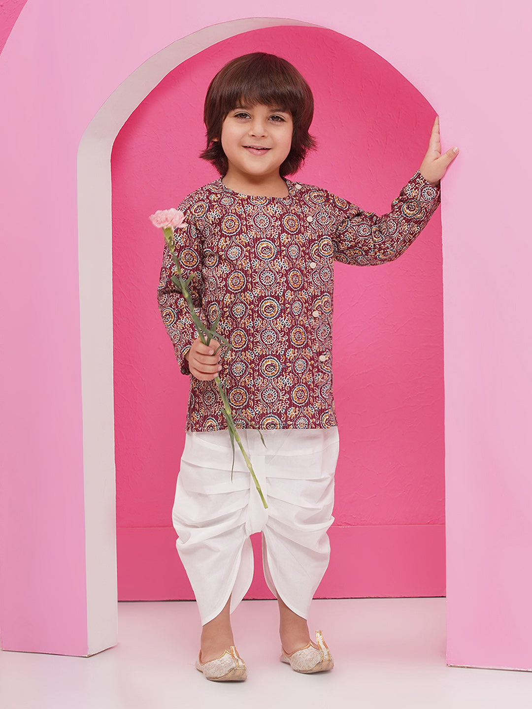 WINE Pure Cotton Full sleeves Abstract Print Dhoti Set for Boys