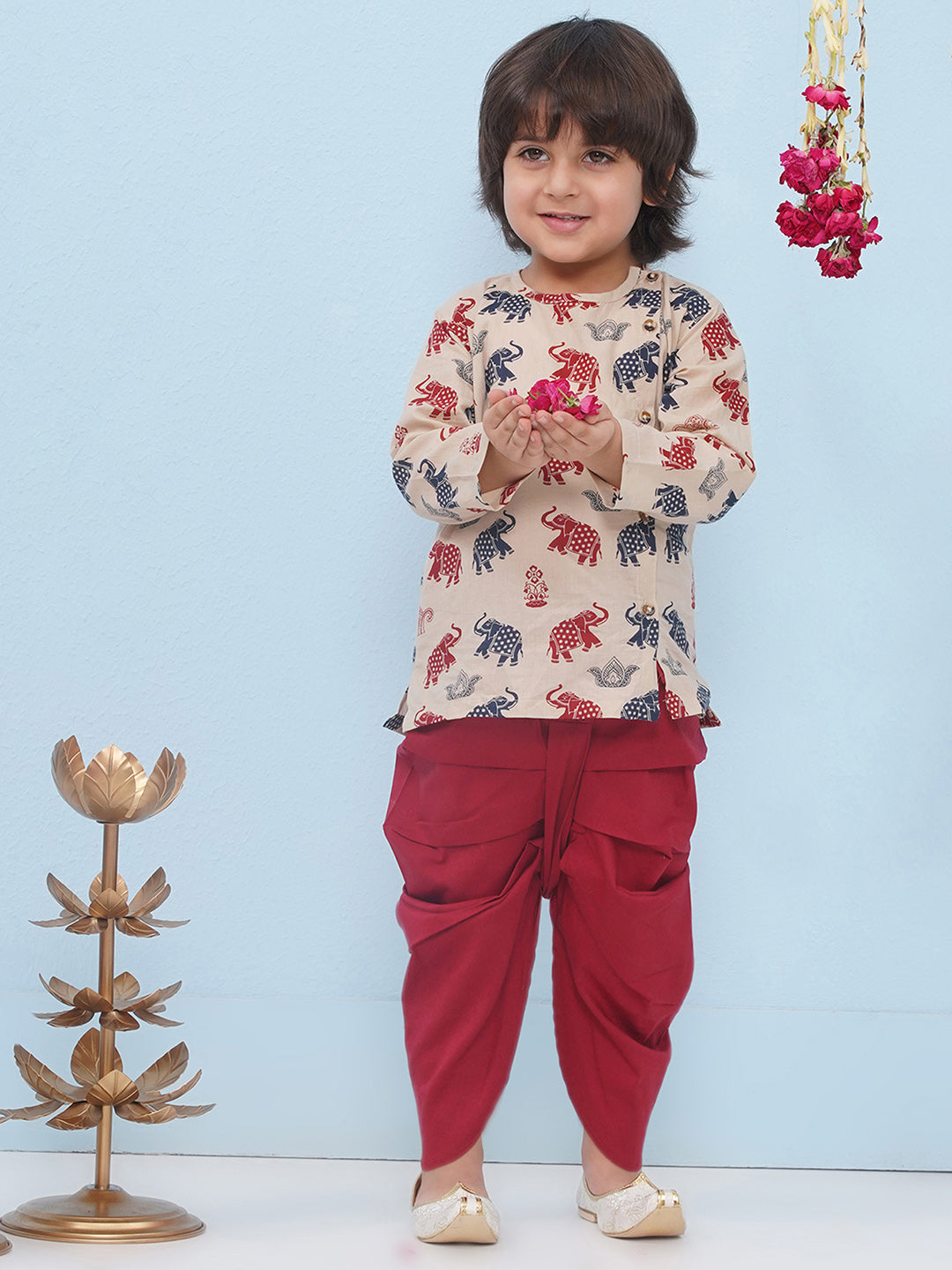 BEIGE Pure Cotton Full sleeves Elephant Print Dhoti Set for Boys