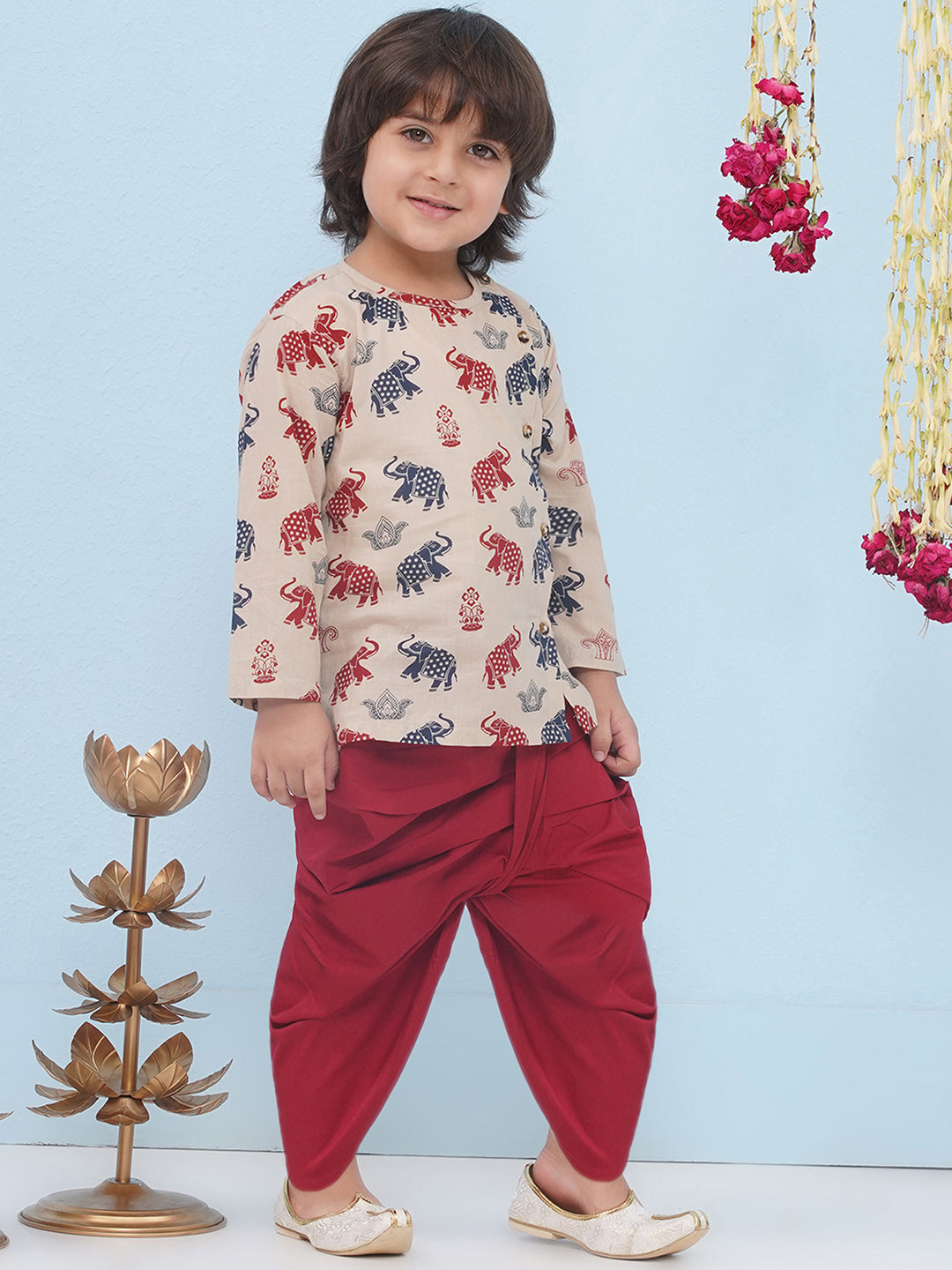 BEIGE Pure Cotton Full sleeves Elephant Print Dhoti Set for Boys