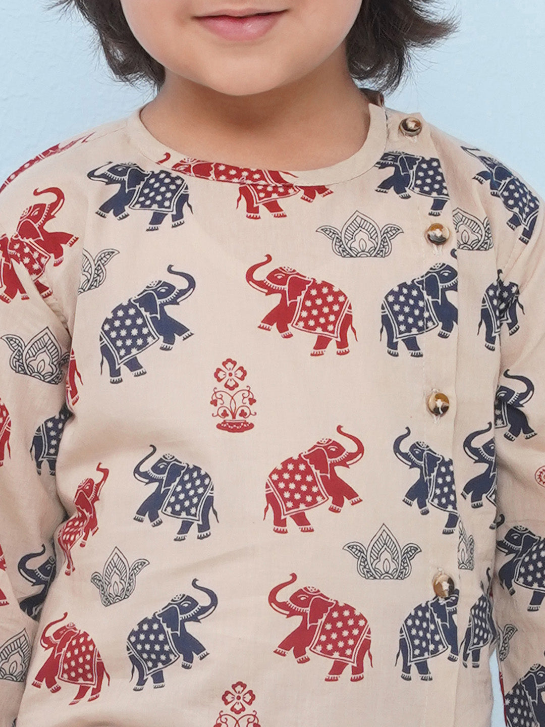 BEIGE Pure Cotton Full sleeves Elephant Print Dhoti Set for Boys - AJ Dezines