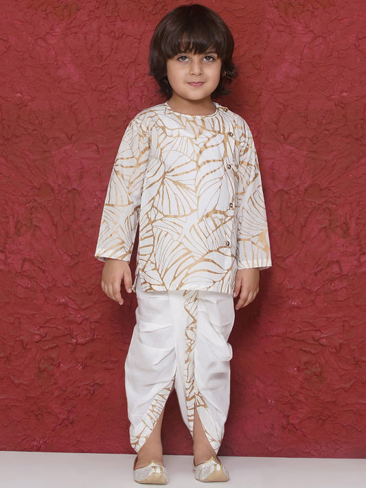 WHITE Cotton Full sleeves Golden Leaves Print Dhoti Set for Boys