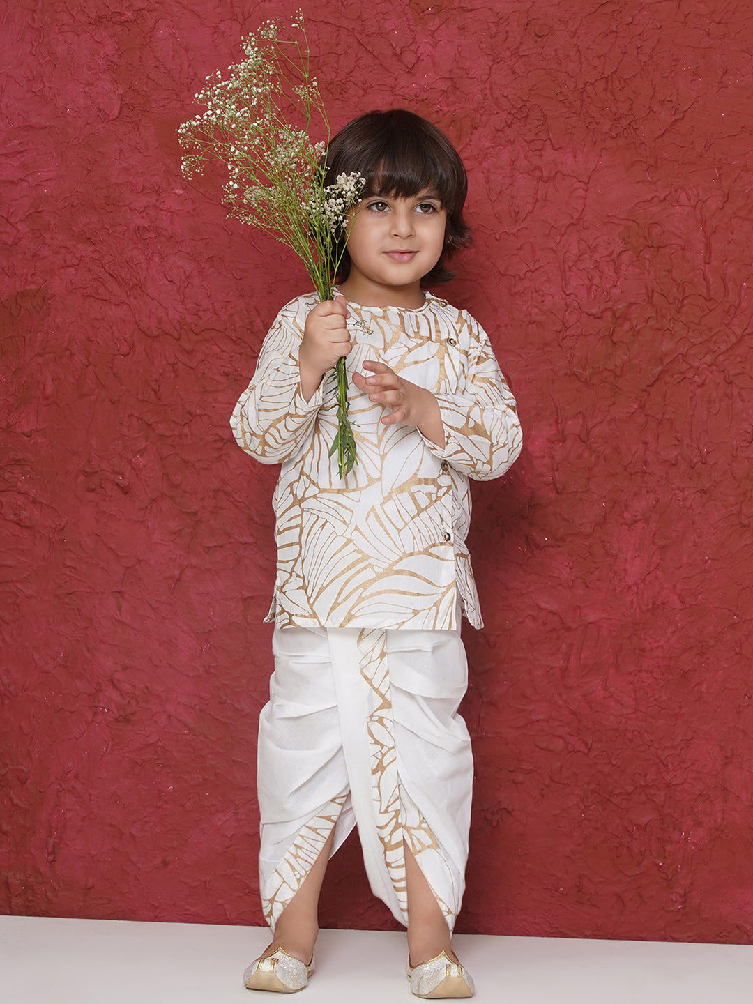 WHITE Cotton Full sleeves Golden Leaves Print Dhoti Set for Boys