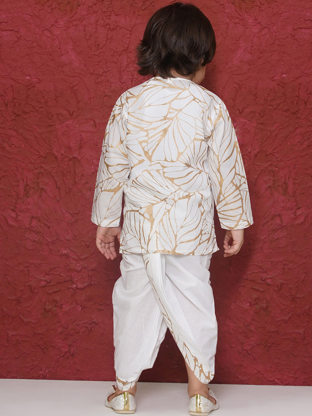 WHITE Cotton Full sleeves Golden Leaves Print Dhoti Set for Boys