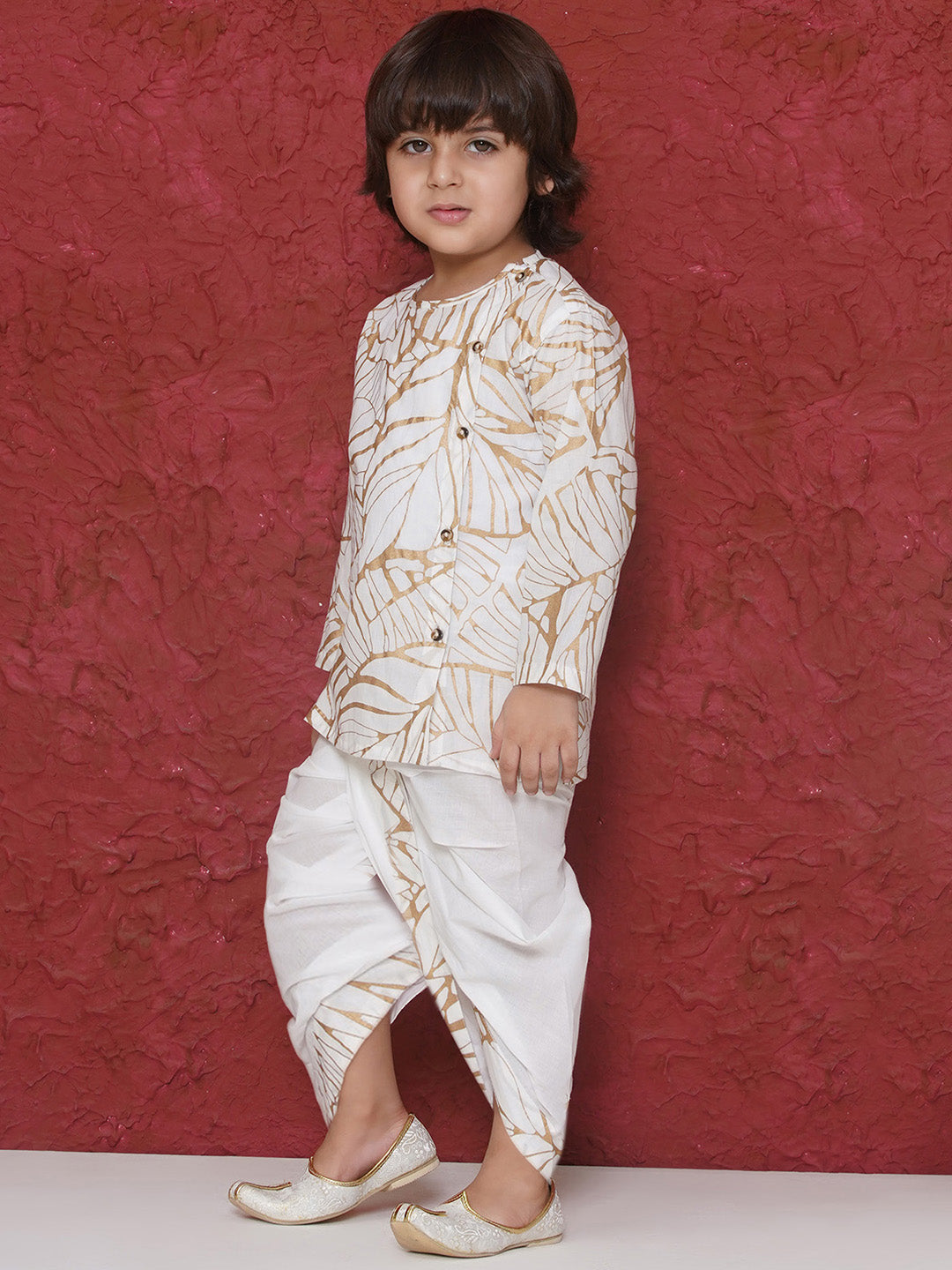 WHITE Cotton Full sleeves Golden Leaves Print Dhoti Set for Boys