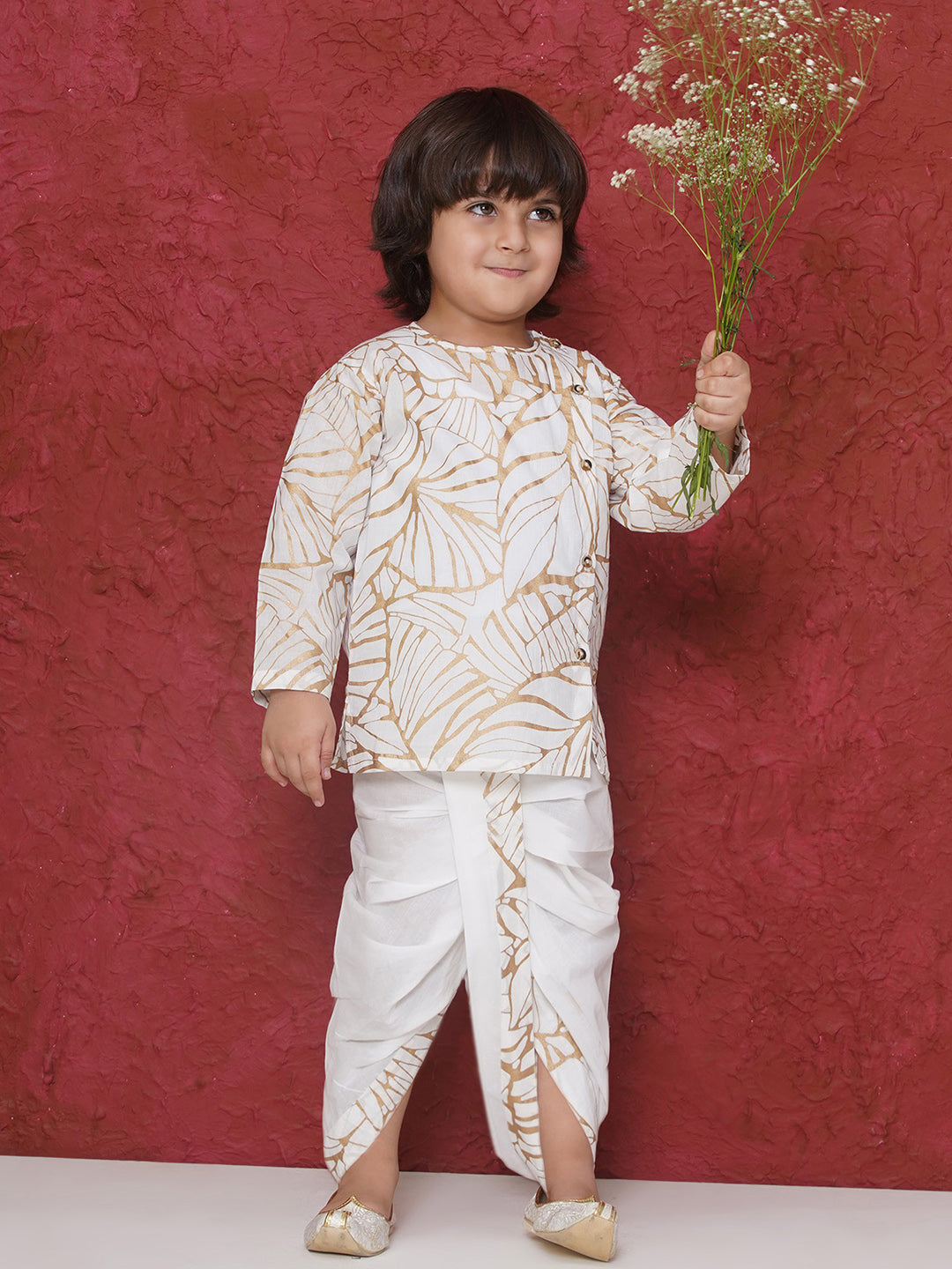 WHITE Cotton Full sleeves Golden Leaves Print Dhoti Set for Boys