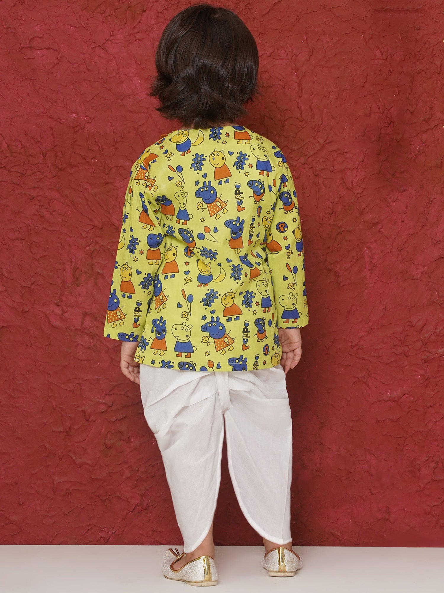 Lime Cotton Full Sleeves Pepa Cartoon Print Dhoti Set For Boys - AJ Dezines