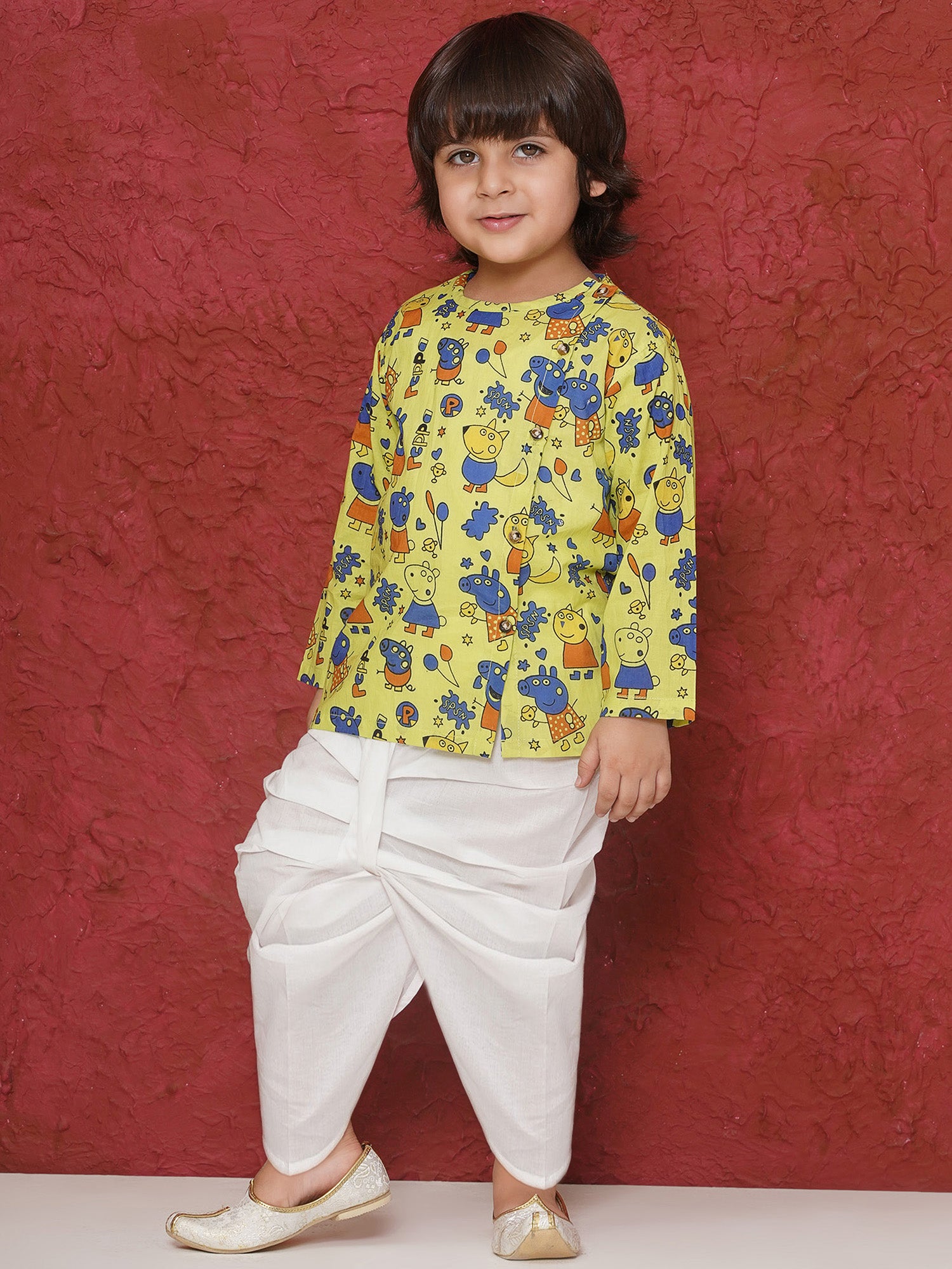 Lime Cotton Full Sleeves Pepa Cartoon Print Dhoti Set For Boys - AJ Dezines