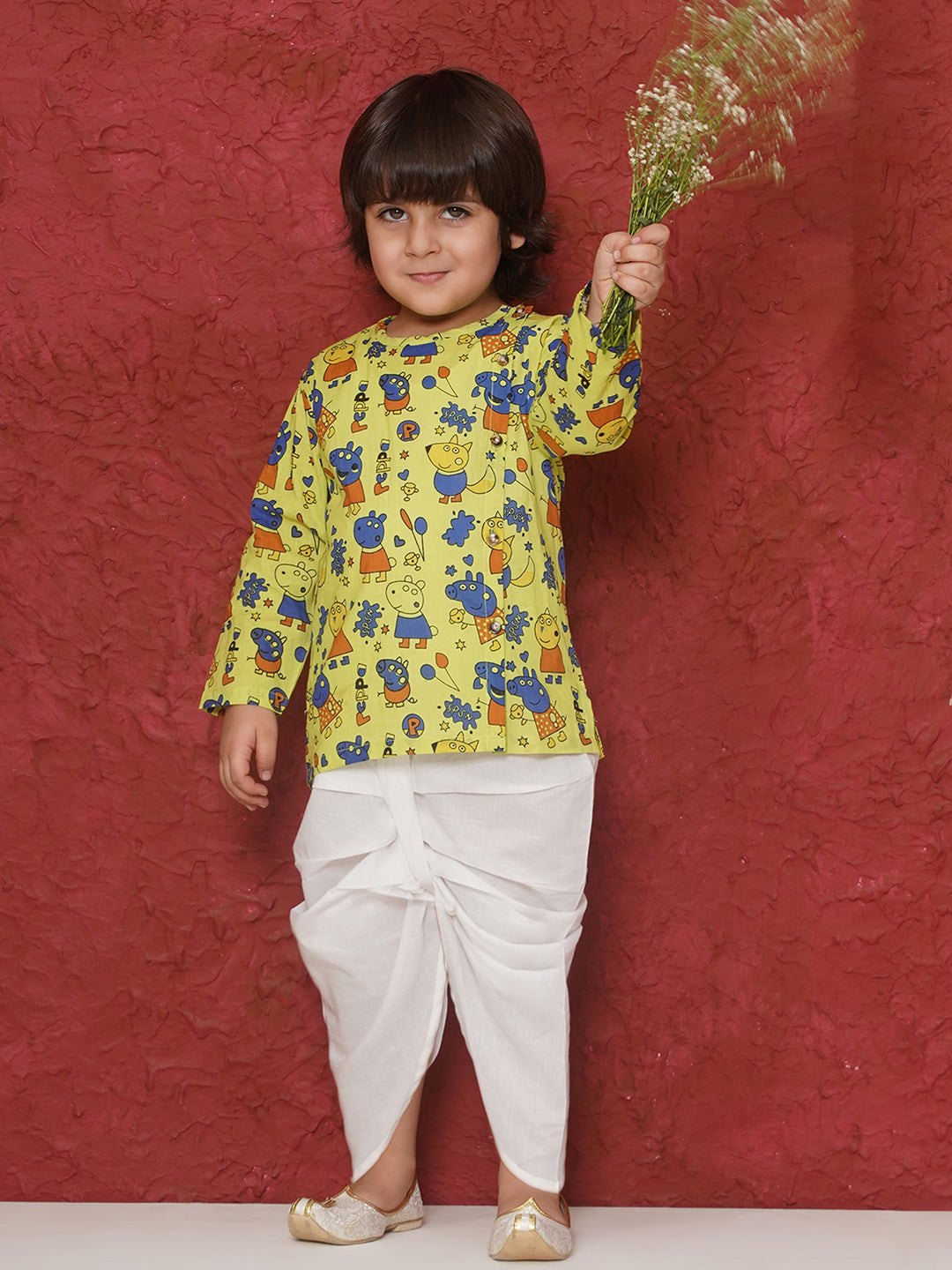 LIME Cotton Full sleeves Pepa Cartoon Print Dhoti Set for Boys