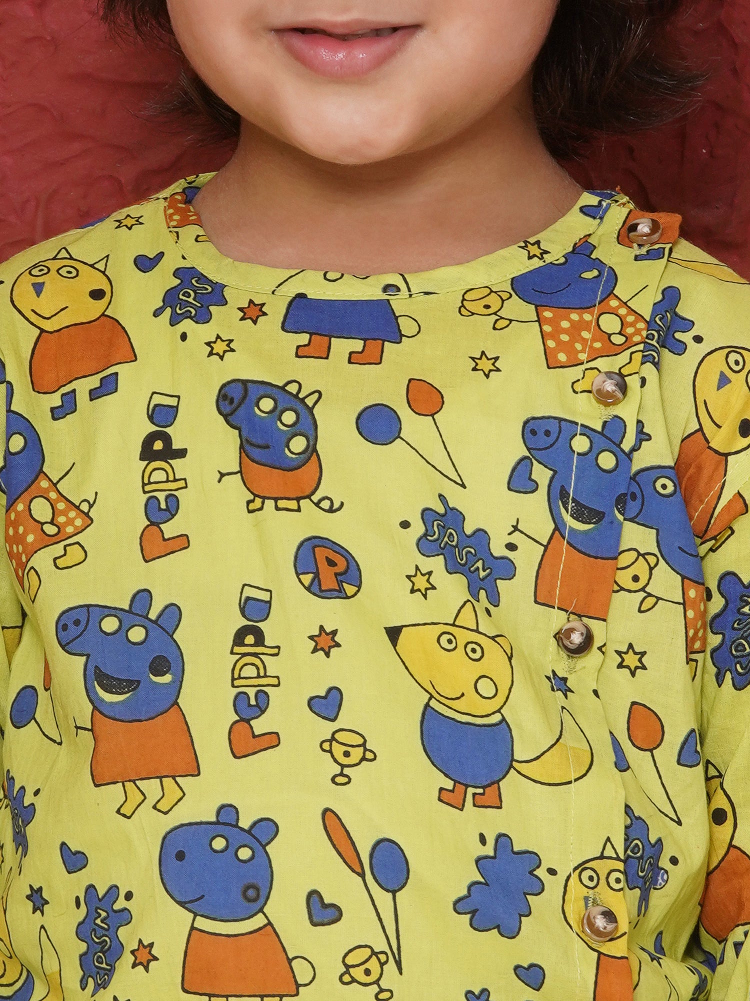 Lime Cotton Full Sleeves Pepa Cartoon Print Dhoti Set For Boys - AJ Dezines