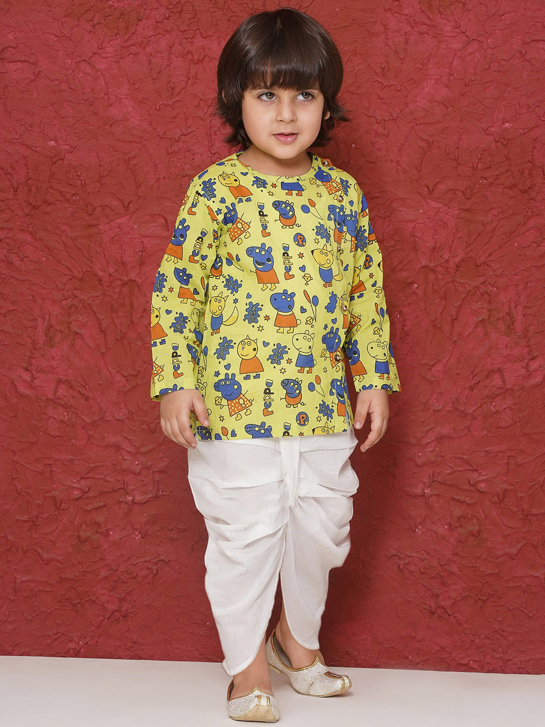 LIME Cotton Full sleeves Pepa Cartoon Print Dhoti Set for Boys