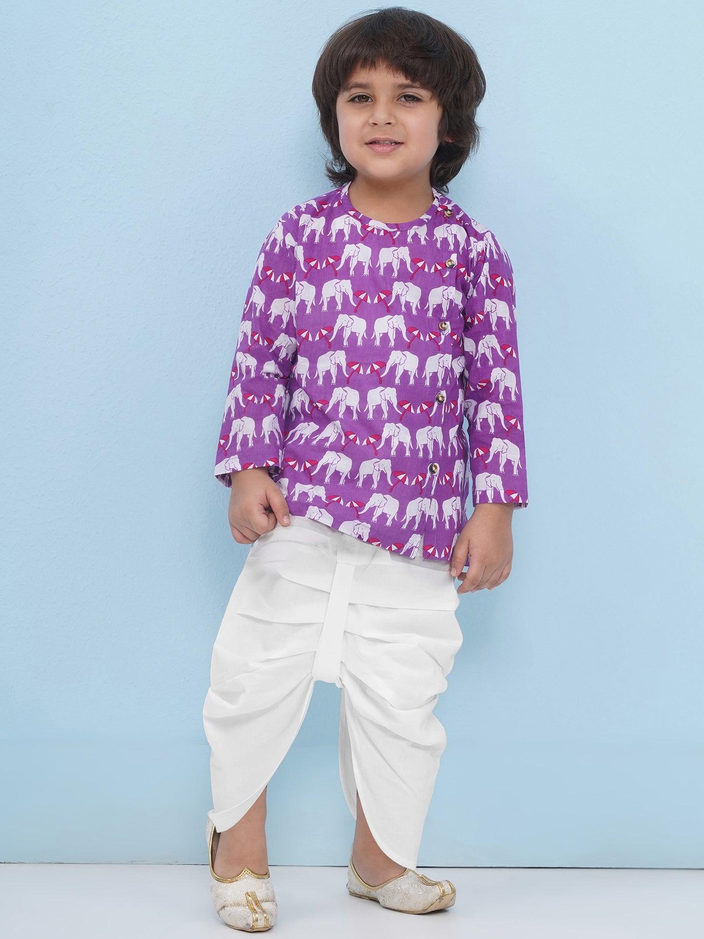 Aj Dezines Purple Pure Cotton Full Sleeves Elephant Print Dhoti Set For Boys