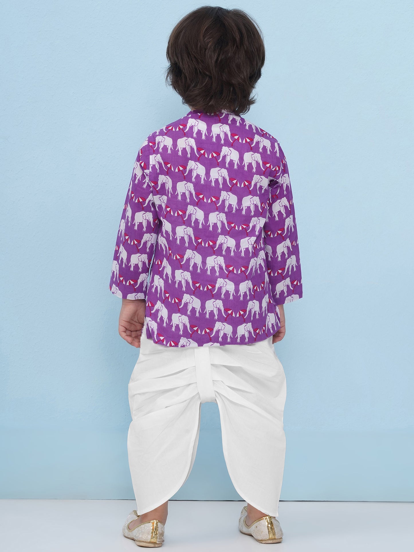 Aj Dezines Purple Pure Cotton Full Sleeves Elephant Print Dhoti Set For Boys