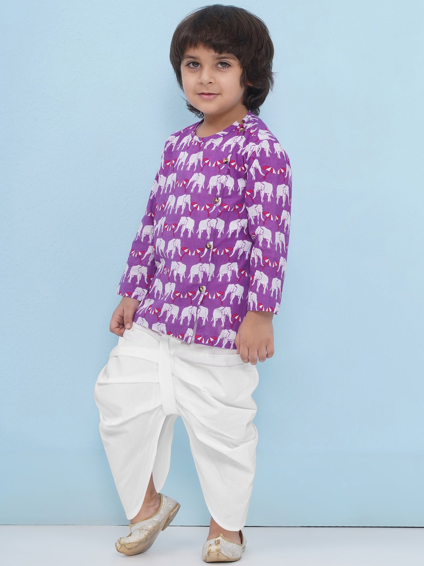 Aj Dezines Purple Pure Cotton Full Sleeves Elephant Print Dhoti Set For Boys