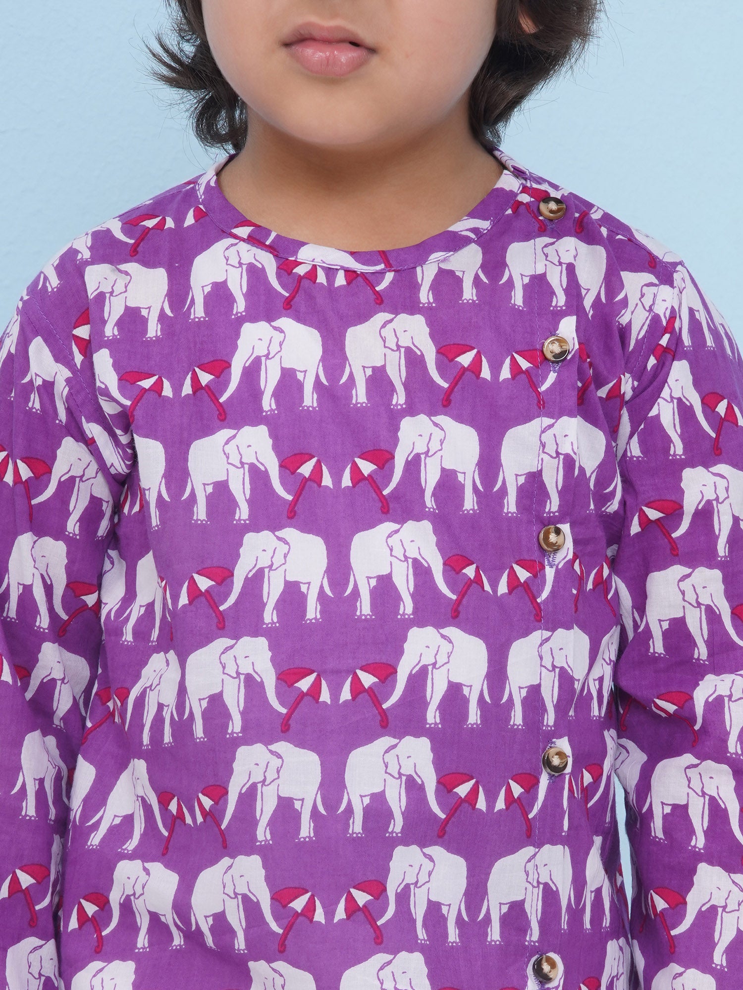 Purple Pure Cotton Full Sleeves Elephant Print Dhoti Set For Boys - AJ Dezines