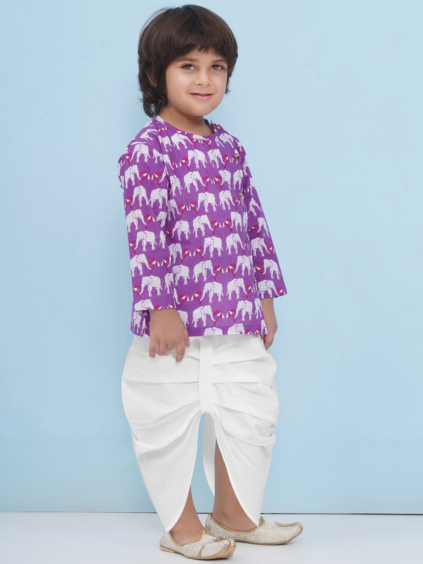 Aj Dezines Purple Pure Cotton Full Sleeves Elephant Print Dhoti Set For Boys