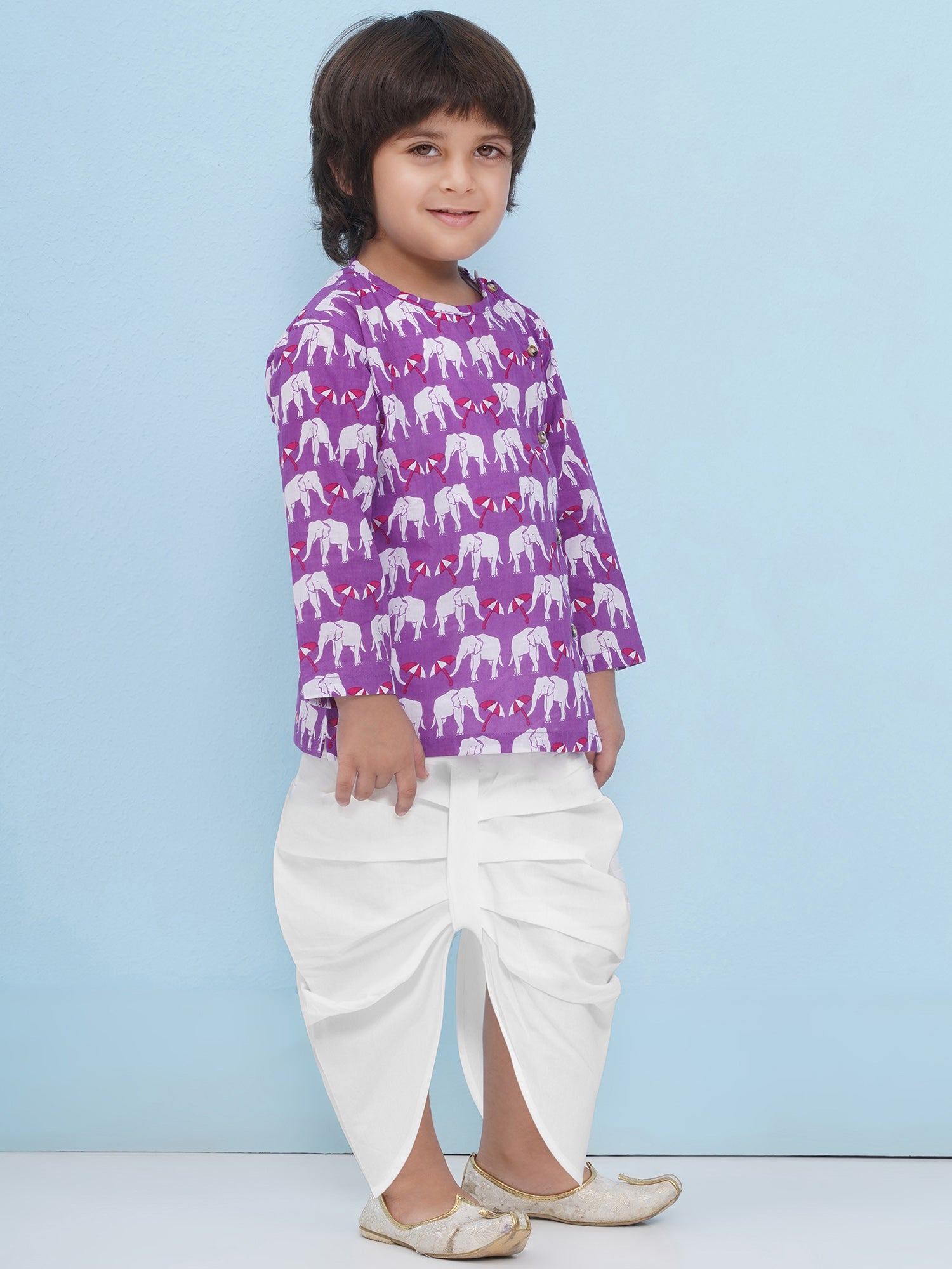 Purple Pure Cotton Full Sleeves Elephant Print Dhoti Set For Boys - AJ Dezines