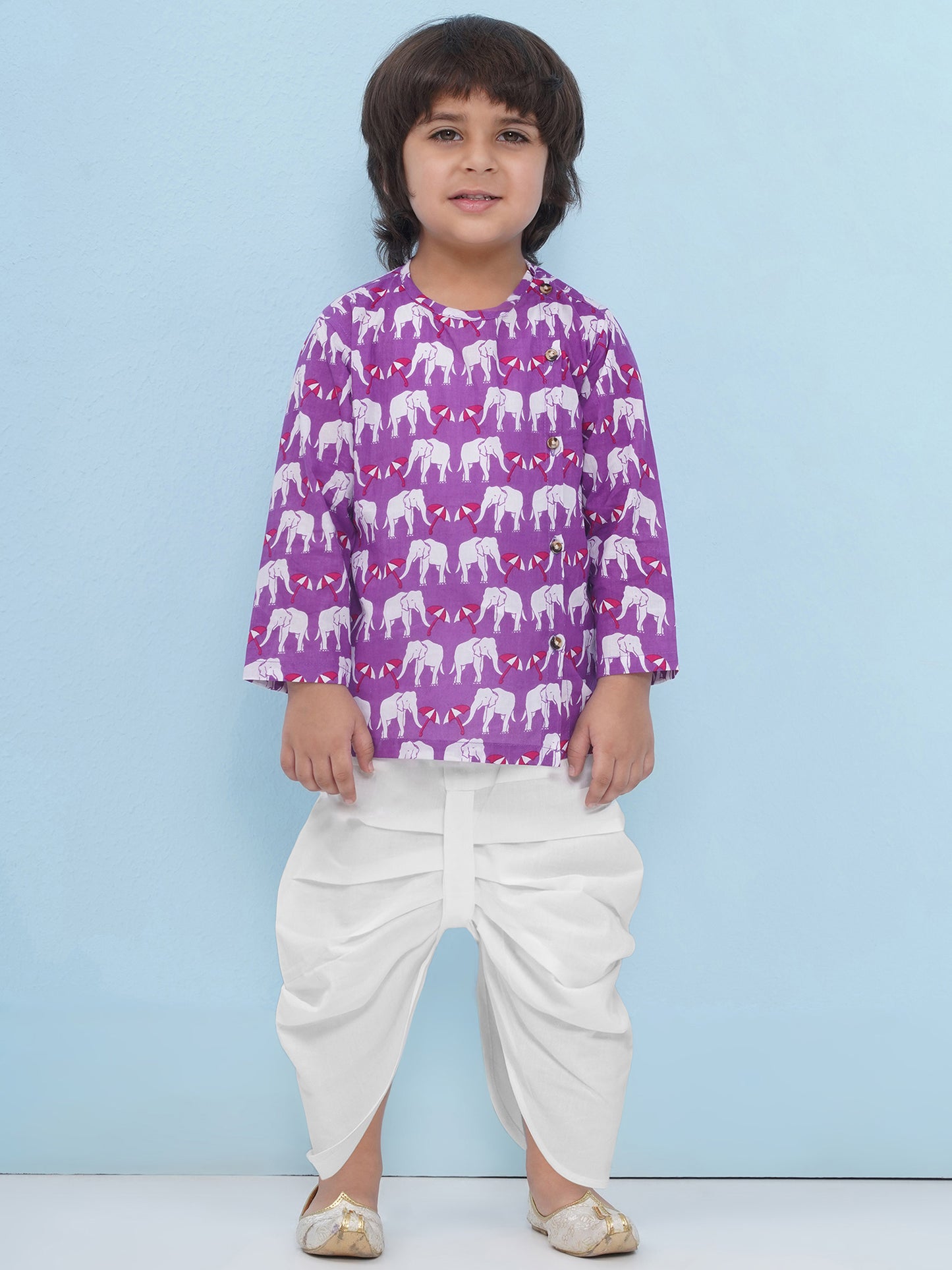 Aj Dezines Purple Pure Cotton Full Sleeves Elephant Print Dhoti Set For Boys