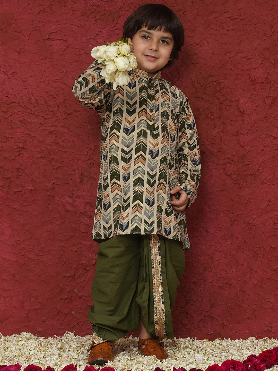 Green Cotton Full sleeves Abstract Print Dhoti Kurta for Boys - AJ Dezines