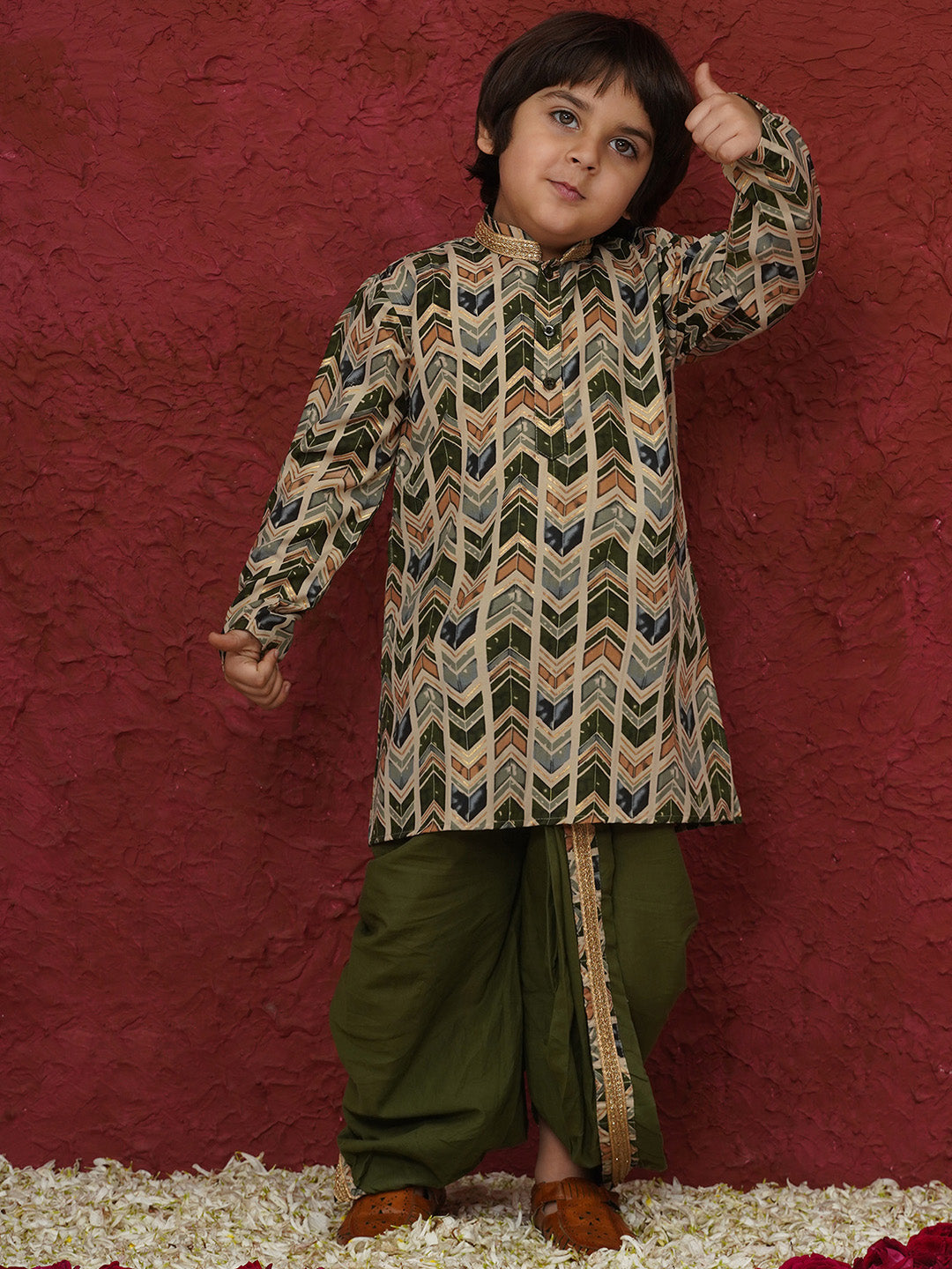 Green Cotton Full sleeves Abstract Print Dhoti Kurta for Boys - AJ Dezines