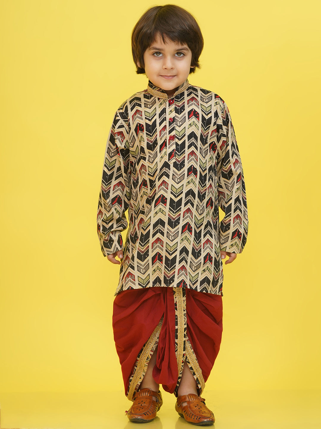 Maroon Cotton Full sleeves Abstract Print Dhoti Kurta for Boys - AJ Dezines