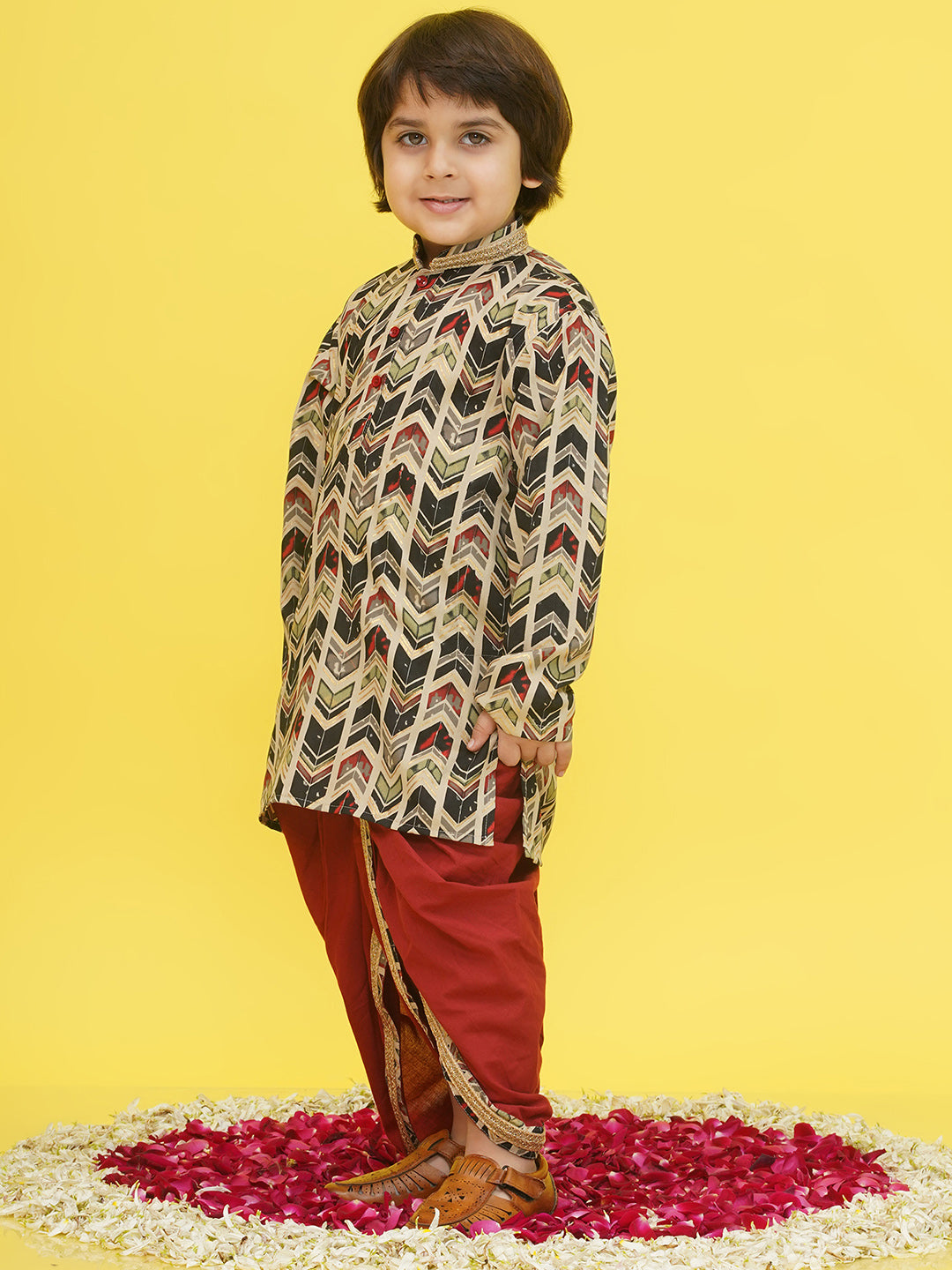 Maroon Cotton Full sleeves Abstract Print Dhoti Kurta for Boys - AJ Dezines