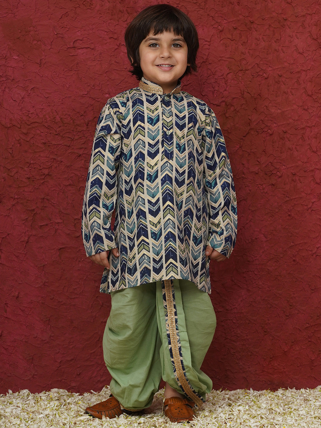 Pista Cotton Full sleeves Abstract Print Dhoti Kurta for Boys