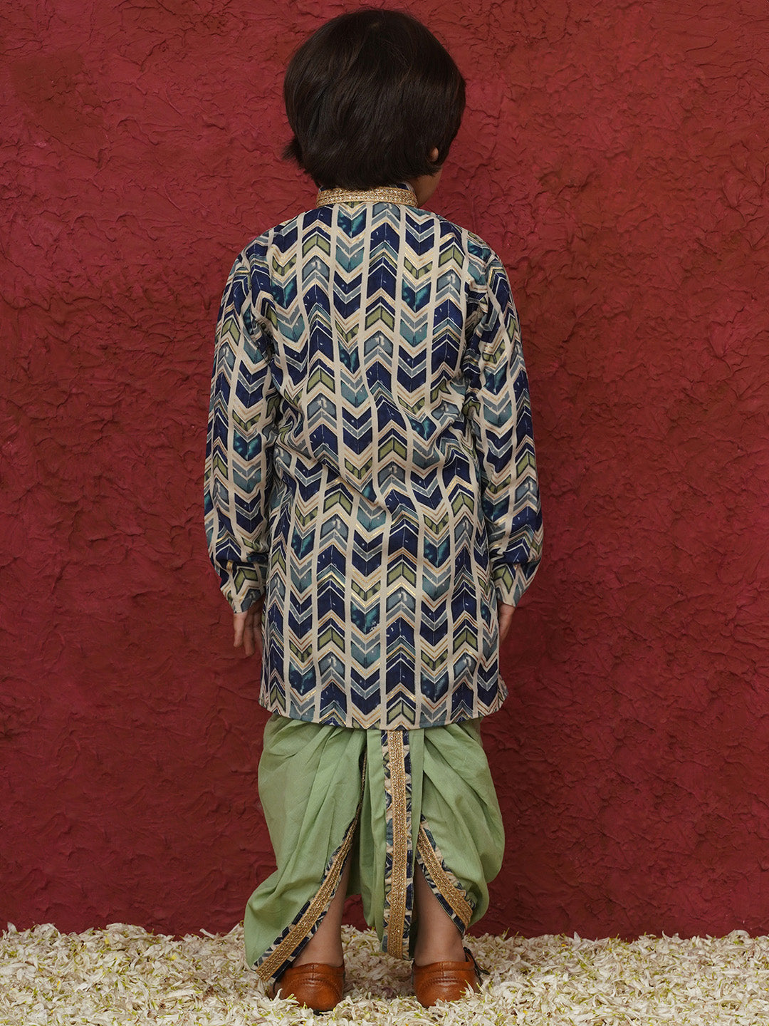 Pista Cotton Full sleeves Abstract Print Dhoti Kurta for Boys