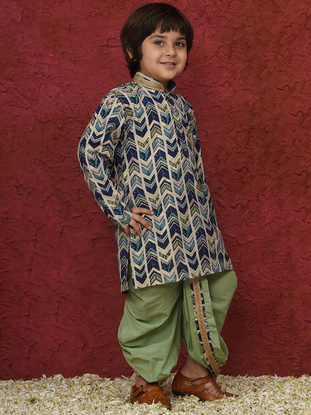 Pista Cotton Full sleeves Abstract Print Dhoti Kurta for Boys