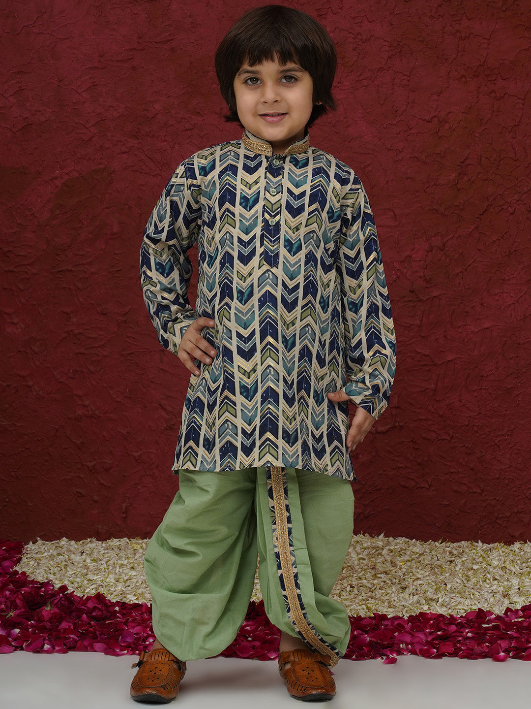 Pista Cotton Full sleeves Abstract Print Dhoti Kurta for Boys