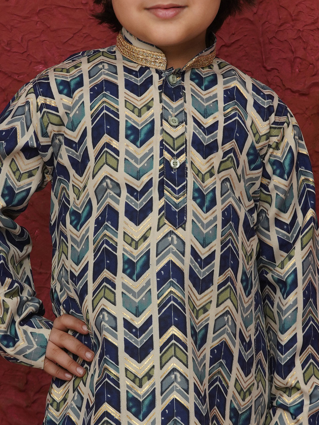 Pista Cotton Full sleeves Abstract Print Dhoti Kurta for Boys