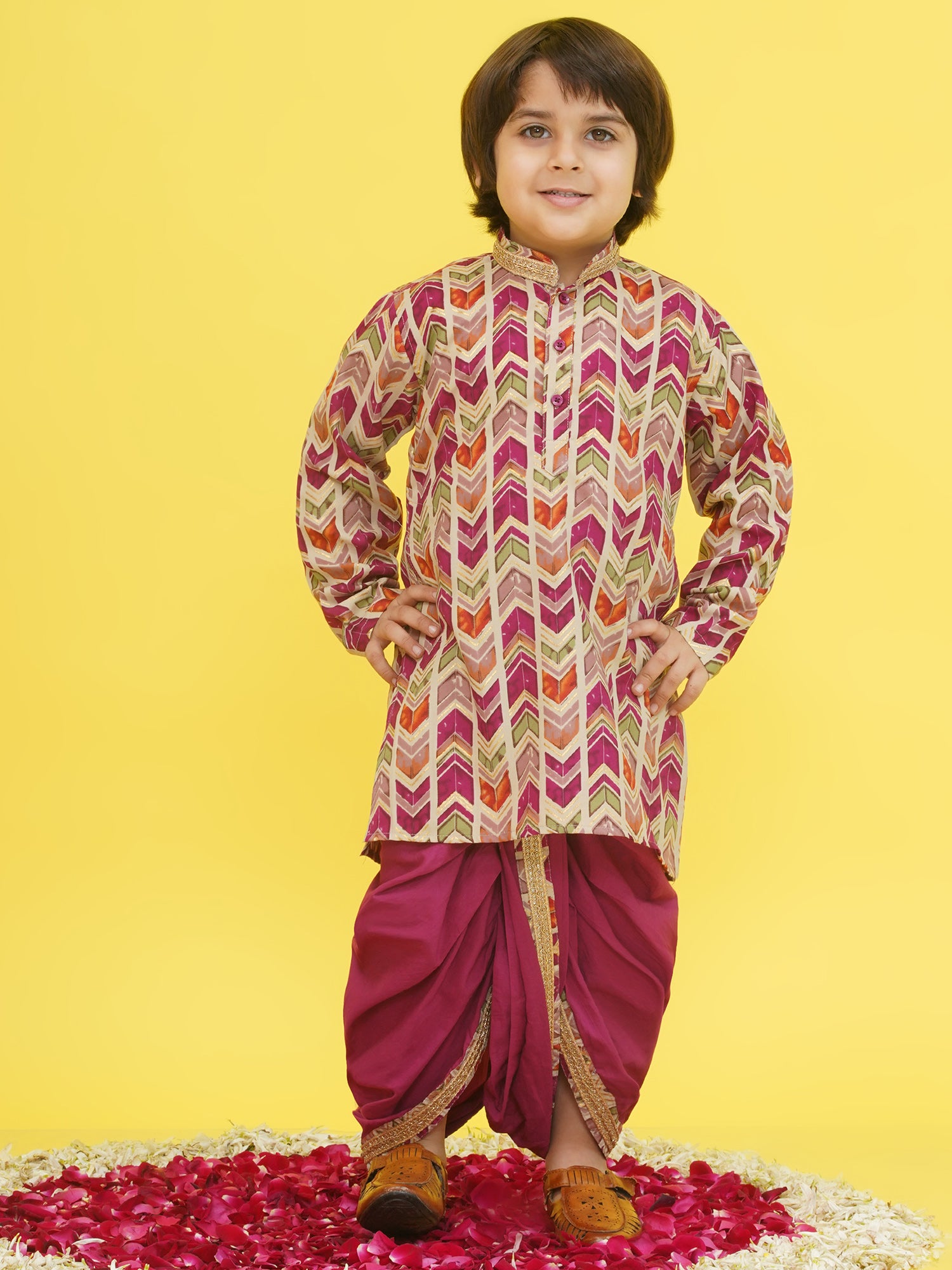 Purple Cotton Full sleeves Abstract Print Dhoti Kurta for Boys