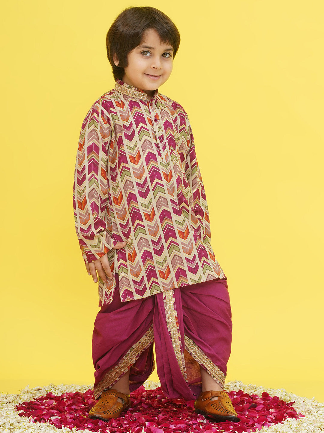 Purple Cotton Full sleeves Abstract Print Dhoti Kurta for Boys