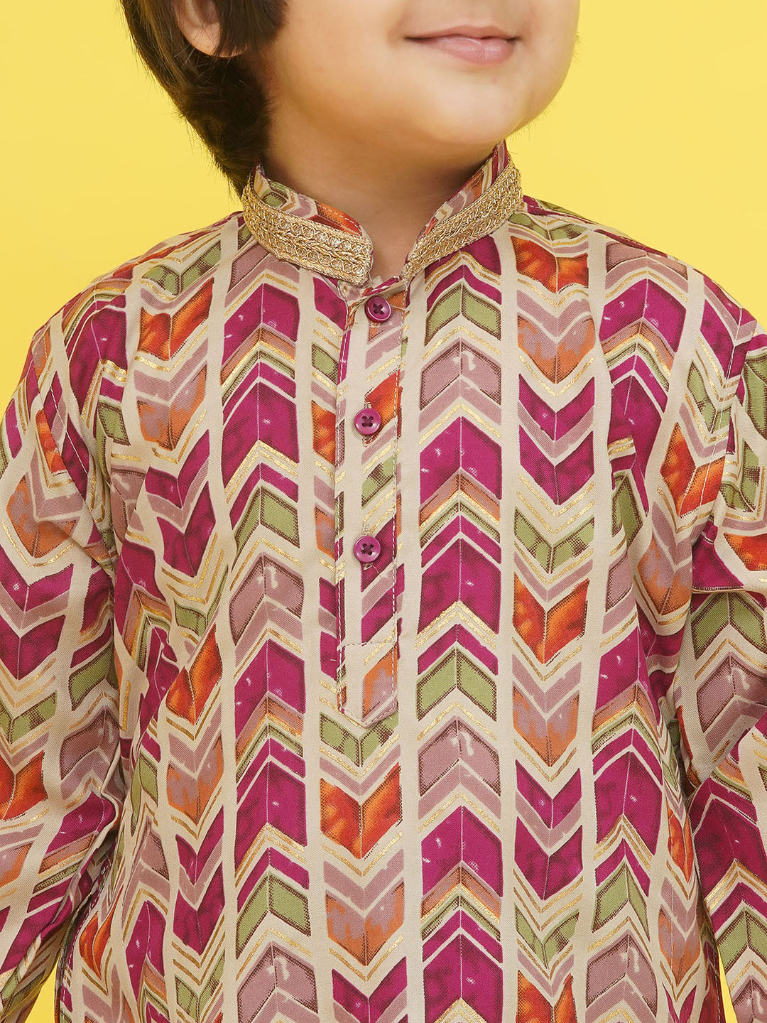 Purple Cotton Full sleeves Abstract Print Dhoti Kurta for Boys