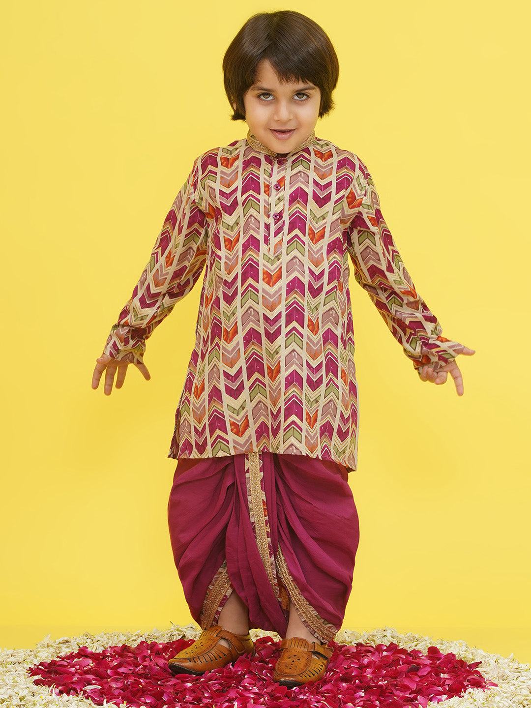 Purple Cotton Full sleeves Abstract Print Dhoti Kurta for Boys