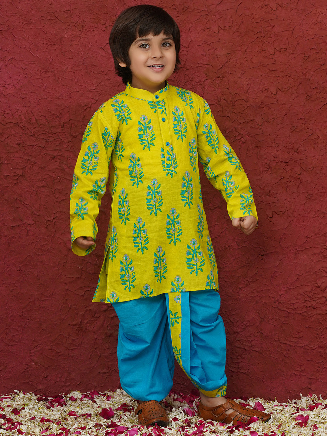 Green Cotton Full sleeves Floral Print Dhoti Kurta for Boys - AJ Dezines