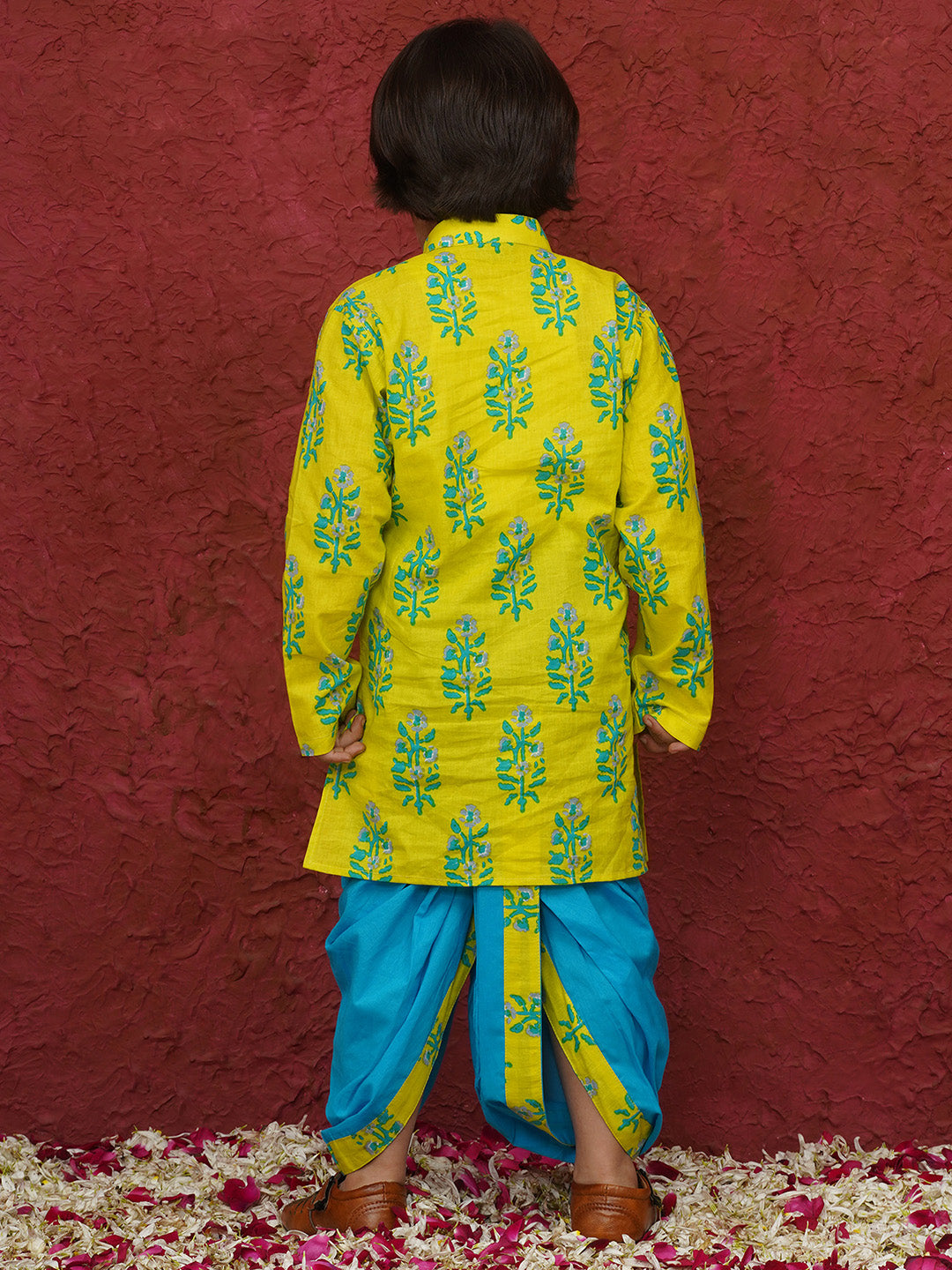 Green Cotton Full sleeves Floral Print Dhoti Kurta for Boys - AJ Dezines