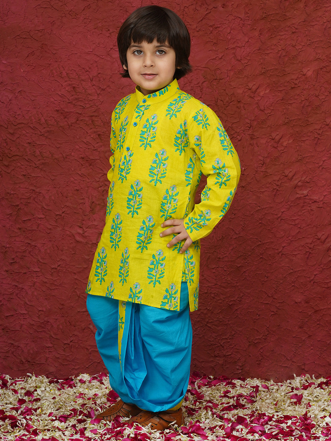 Green Cotton Full sleeves Floral Print Dhoti Kurta for Boys - AJ Dezines